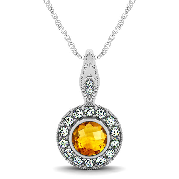 Vintage Citrine Necklace with Round Halo Circle Pendant