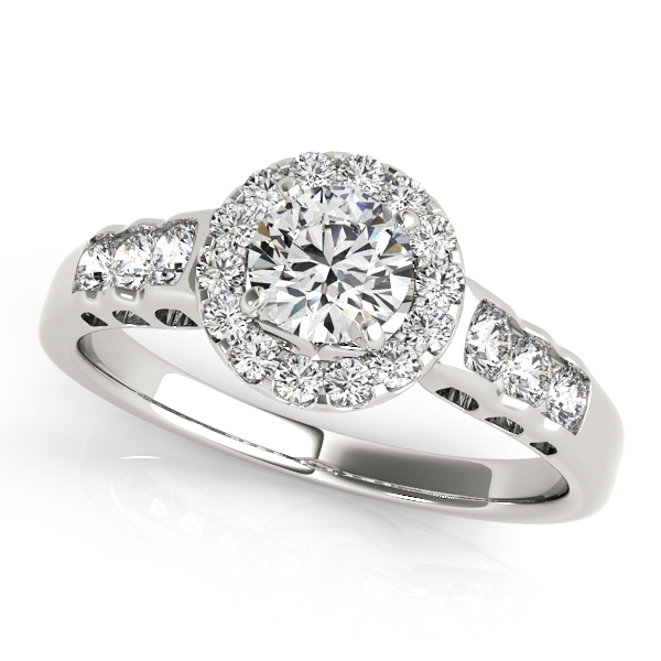 Modish Side Stone Diamond Engagement Ring with Round Halo