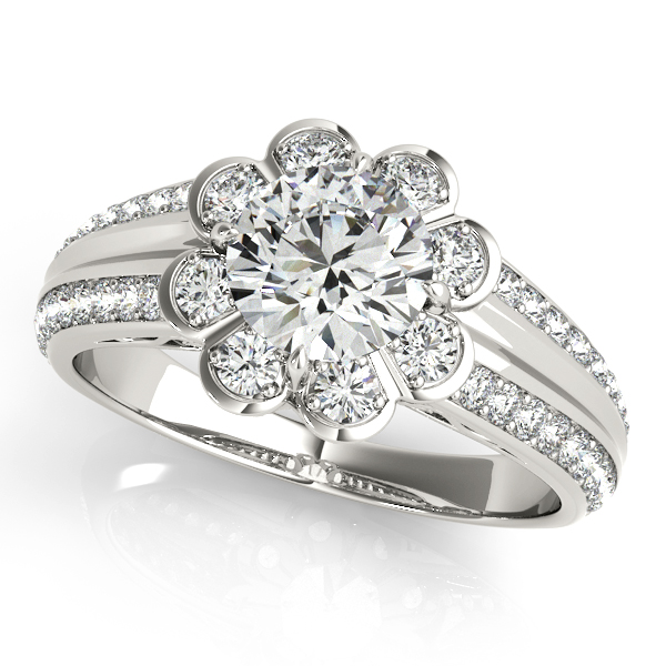 Unique Round Cut Duet Side Stone Flower Halo Engagement Ring
