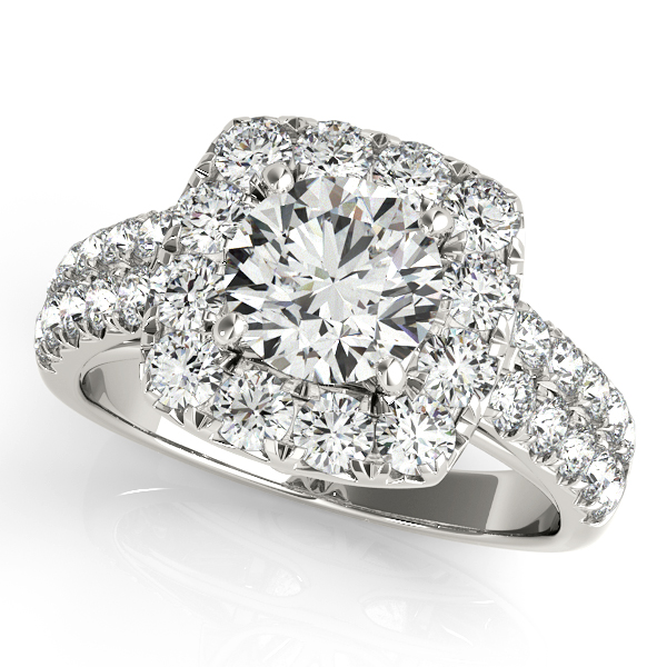 Square Halo Side Stone Diamond Engagement Ring Flower Shank