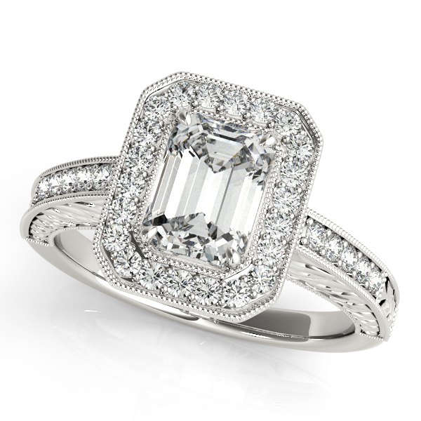 Luxury Emerald Cut Halo Filigree Diamond Engagement Ring