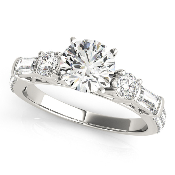 Unique Side Stone Engagement Ring with Baguette Diamond Accents & Pave
