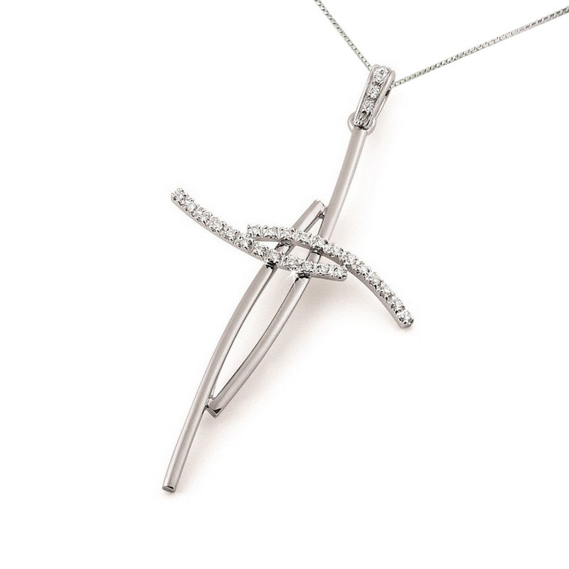 18 Karat White Gold Large Double Cross Necklace For Women