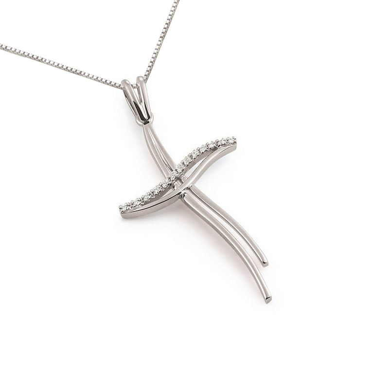 Fancy Curved Double Cross Diamond Necklace with Split Design