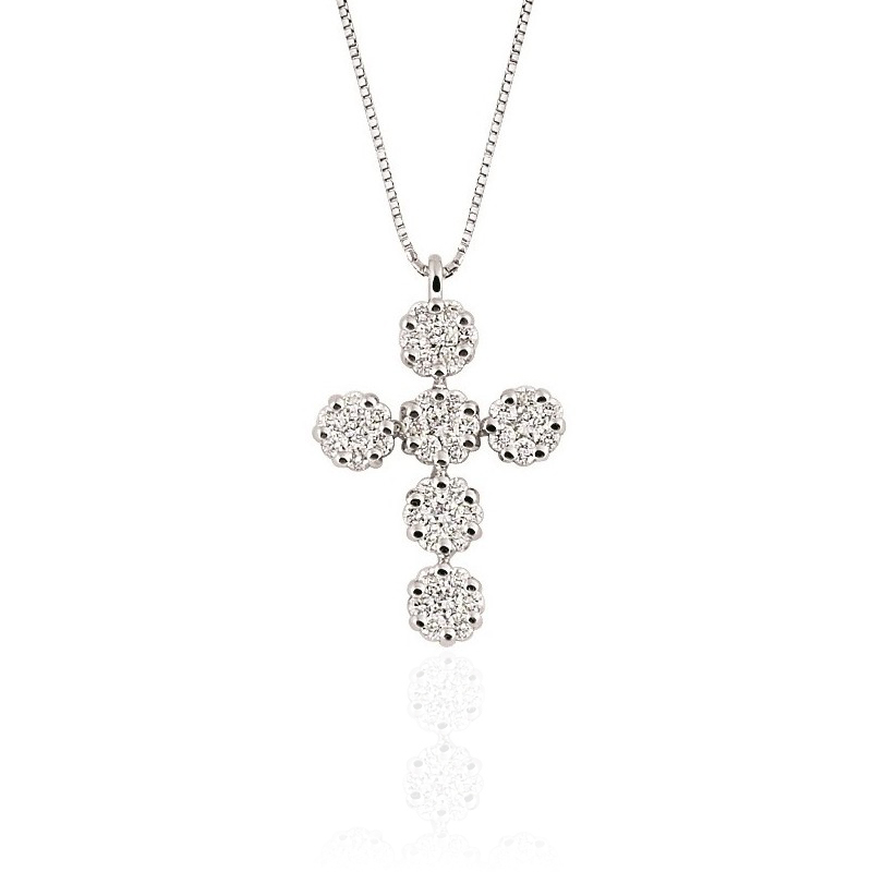 Fine Diamond Cross Pendant Necklace 0.63CT Halo Pave Design