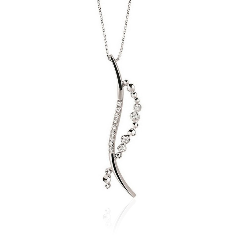 Fine Curved Vertical Double Bar Pendant Necklace w/ Diamonds