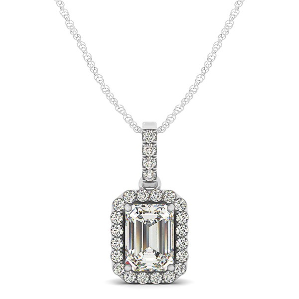 Classic Emerald Cut Diamond Necklace with Halo Pendant