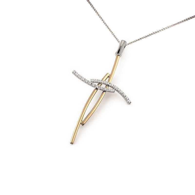 Curved Two Tone Double Cross Necklace in Yellow White Gold