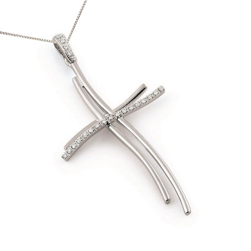 large curved double cross necklace white gold