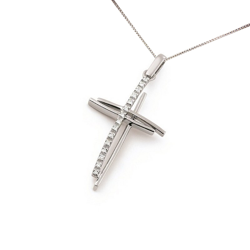 Unique Split Double Cross Diamond Pendant Necklace