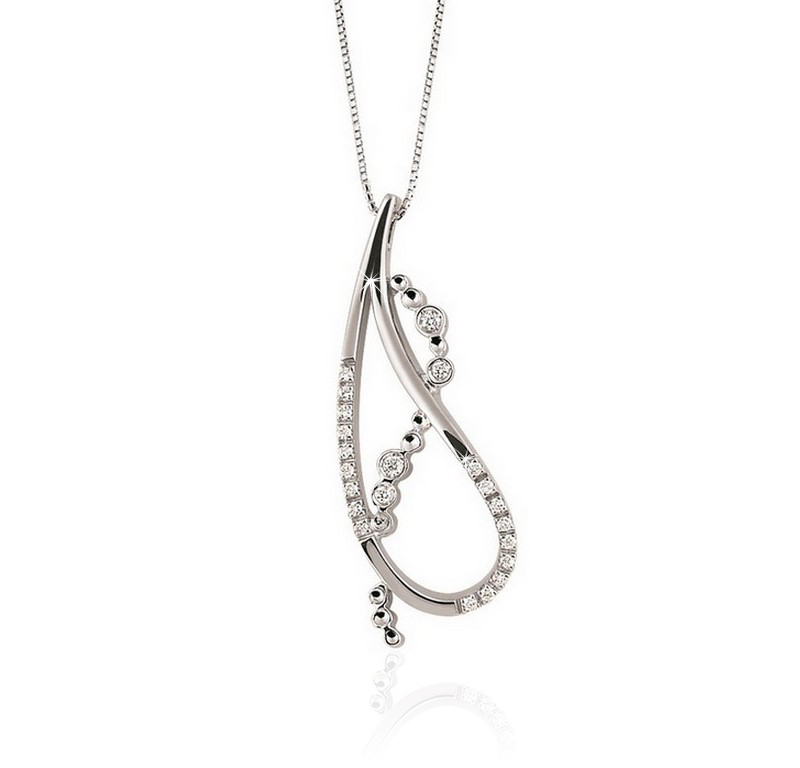 Fancy Curved Drop Pendant Necklace 1/6CT Diamonds 18K Gold