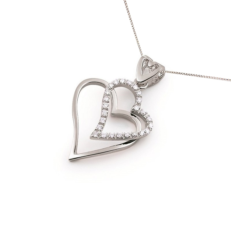 Stunning Diamond Double Heart Pendant Necklace from Italy