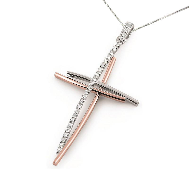 Classic Two Tone 18 Karat Rose Gold Large Double Cross Necklace