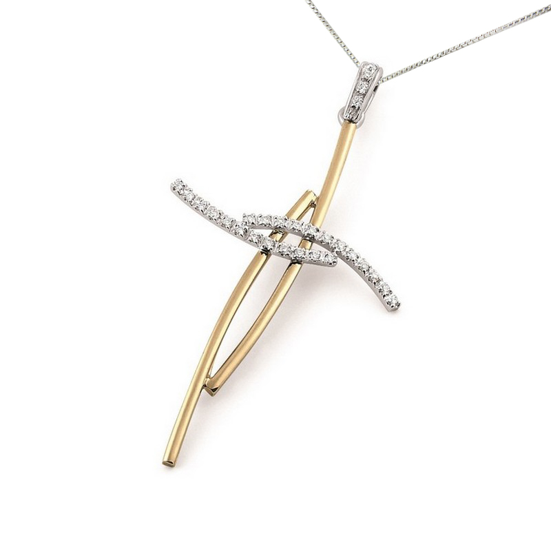 Two Tone Large Double Cross Necklace Yellow White 18K Gold