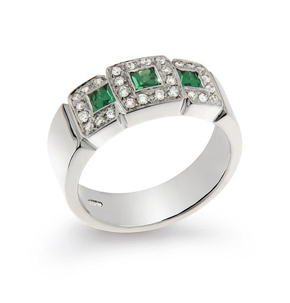 Italian Fancy 0.33 Ct Emerald Ring 0.25 Ct Diamond 18K White Gold