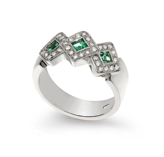 Italian Halo 0.34 Ct Emerald Ring 0.23 Ct Diamond 18K White Gold