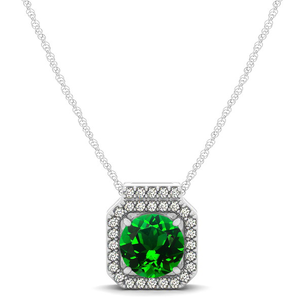 Square Halo Necklace with Round Cut Emerald Pendant