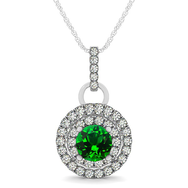Royal Dual Halo Emerald Necklace with Circle Pendant