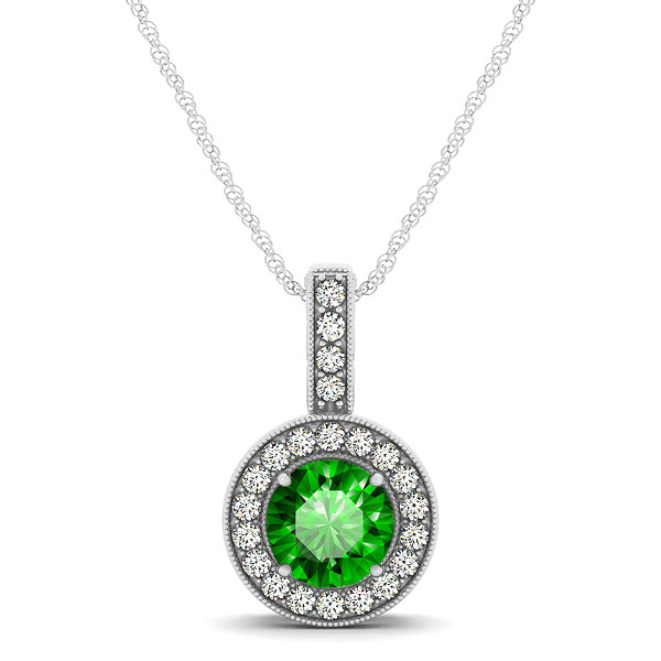 Vintage Halo Necklace Round Emerald Pendant