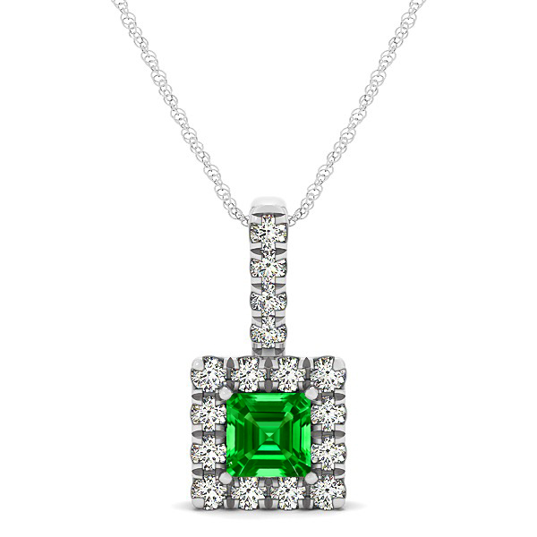 Upscale Square Drop Halo Necklace with Princess Cut Emerald