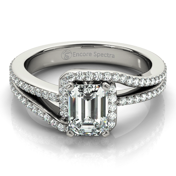 curved split shank emerald cut halo side stone engagement ring