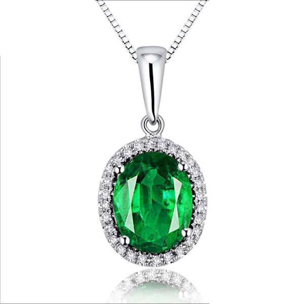 Exquisite 2.38 CT Oval Emerald Necklace & Diamond Pave 18K White Gold