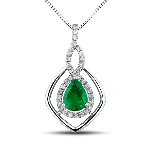 Two Tone Gold 1.48 CT Pear Cut Emerald & Diamond Drop Necklace