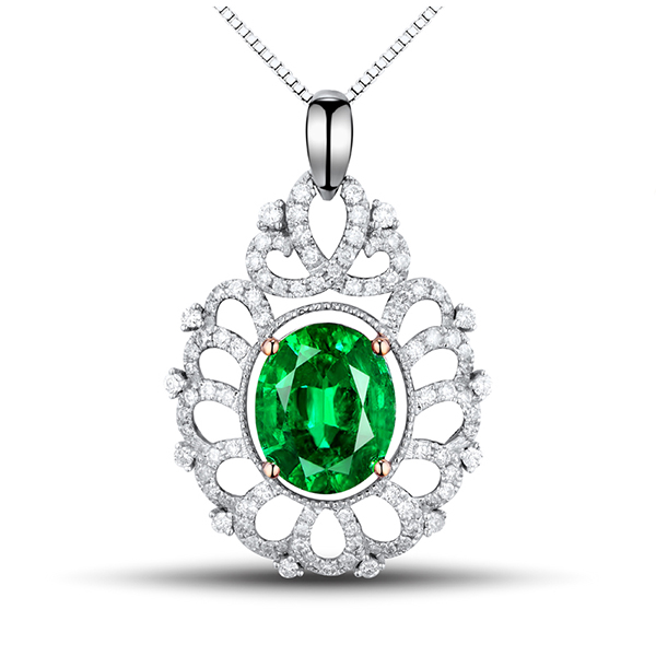 Royal Oval Cut 2.42 Emerald Necklace 0.55CT Brilliant Diamond Pave
