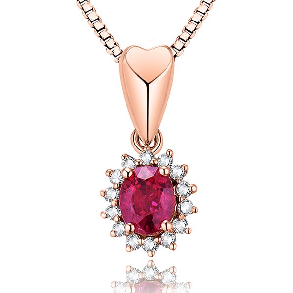 Stunning 0.71 CT Oval Ruby Heart Necklace with Diamond Halo 18K Rose Gold