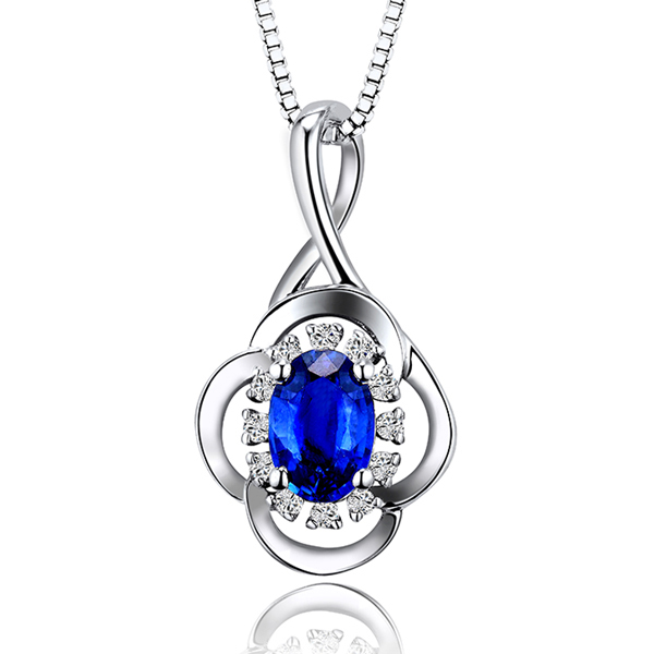 Exquisite 0.85 CT Oval Sapphire & Diamond Necklace 18K White Gold