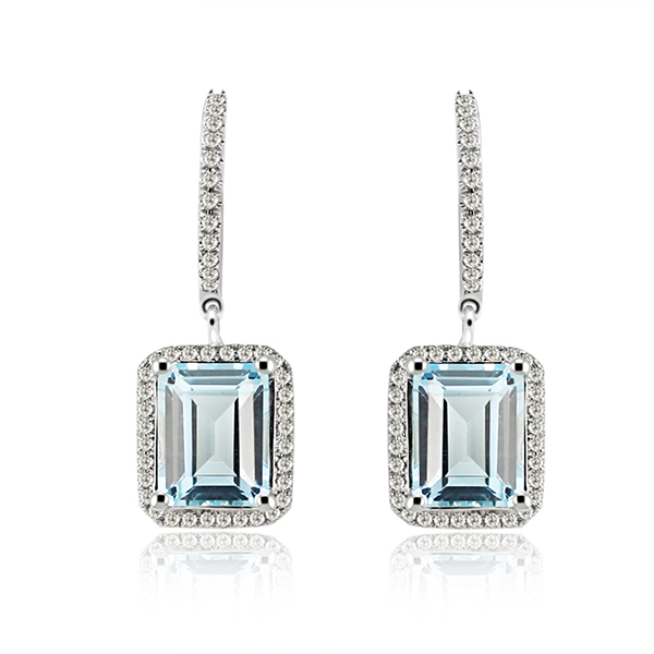 9.86 CT Emerald Cut 7x9mm Topaz Drop Earrings with Diamond Pave