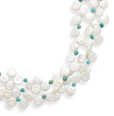 16" Triple Strand Coin Pearl and Turquoise Bead Necklace