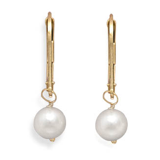Grade AAA 5.5-6mm Cultured Akoya Pearl Drop Earrings with Yellow Gold Lever Backs