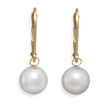 Grade AAA 7.5-8mm Cultured Akoya Pearl Drop Earrings with Yellow Gold Lever Backs