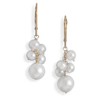 Cultured Freshwater Pearl Cluster Drop 14K Yellow Gold Lever Back Earrings