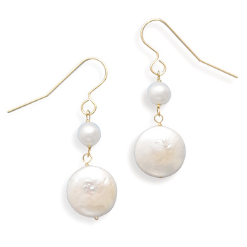 Cultured Freshwater Coin and Round Pearl 14K Yellow Gold French Wire Earrings
