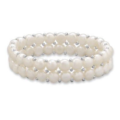 Cultured Freshwater Button Pearl Double Row Stretch Bracelet