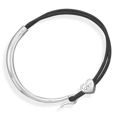 7" Black Cord and Sterling Silver Bracelet with Heart Slide
