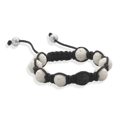 Adjustable Macrame Bracelet with Carved Bone and Crystal Beads