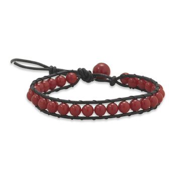 7"+1" Leather and Dyed Coral Bracelet