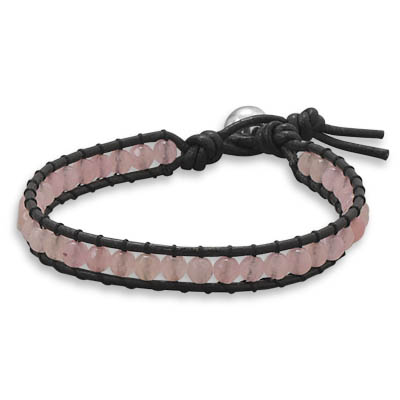 7" Leather and Pink Jade Bracelet