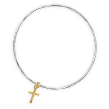 Textured Bangle with 14 Karat Gold Plated Cross Charm