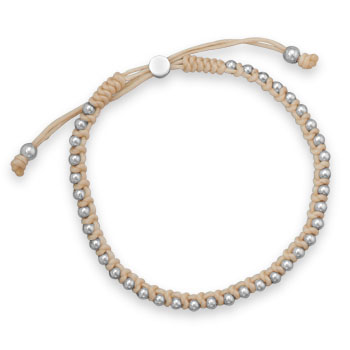 Adjustable Ivory Cord and Sterling Silver Bead Bracelet