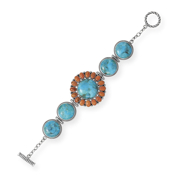 7.5" Turquoise and Coral Sunburst Toggle Bracelet