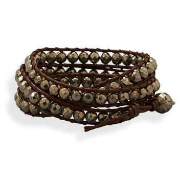 23" Leather and Pyrite Wrap Fashion Bracelet