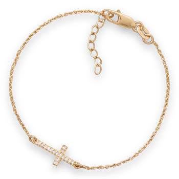 7" + 1" 14 Karat Gold Plated Bracelet with CZ Sideways Cross