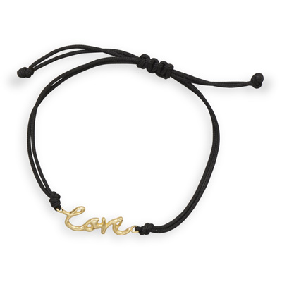 Adjustable Black Cord Bracelet with 14 Karat Gold Plated "Love" Charm
