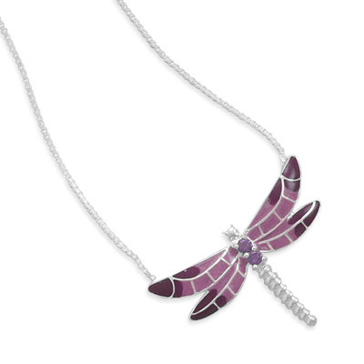 18" Purple Enamel Dragonfly Necklace