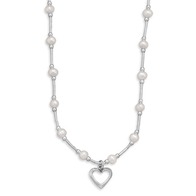 14" +2" Extension Cultured Freshwater Pearl Necklace with Open Heart Drop