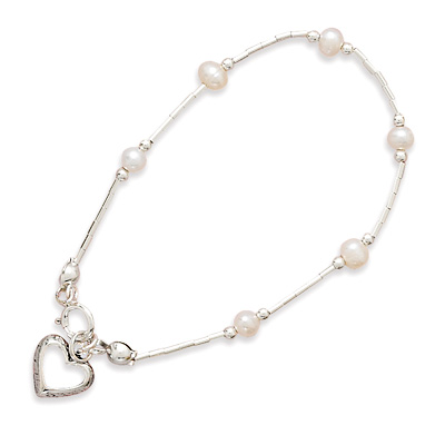 6" Cultured Freshwater Pearl Bracelet with Open Heart Drop